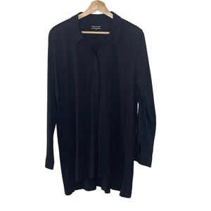 Eileen Fisher‎ Black Tunic Top Long Sleeve Collared Button Up Made In USA LG